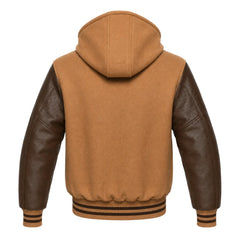 Camel and Brown Varsity Jacket with Hood