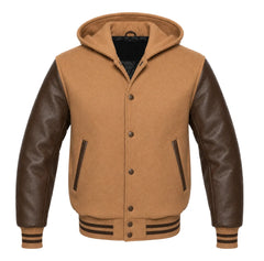Camel and Brown Varsity Jacket with Hood