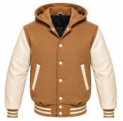 Camel and Cream Hooded Varsity Jacket