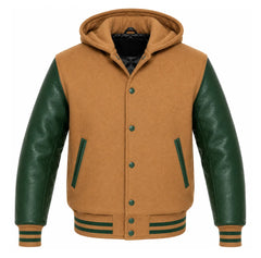 Camel and Green Varsity Jacket with Hood