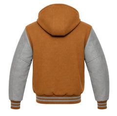 Camel and Grey Letterman Jacket with Hood