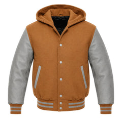 Camel and Grey Letterman Jacket with Hood