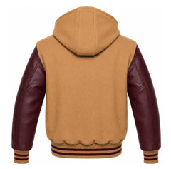 Camel and Maroon Hooded Letterman Jacket