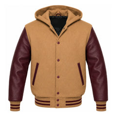 Camel and Maroon Hooded Letterman Jacket