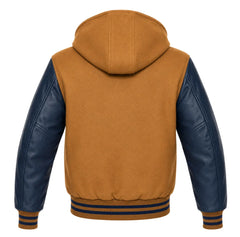Camel and Navy Blue Hooded Varsity Jacket