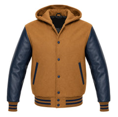 Camel and Navy Blue Hooded Varsity Jacket