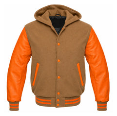 Camel and Orange Hooded Varsity Jacket