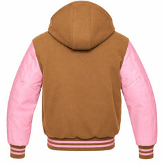 Camel and Pink Varsity Jacket with Hood