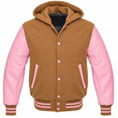 Camel and Pink Varsity Jacket with Hood