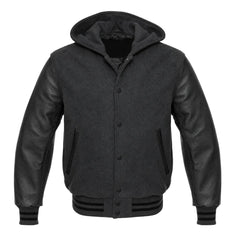 Charcoal Grey and Black Hooded Varsity Jacket