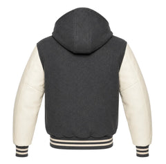 Charcoal Grey and Cream Letterman Jacket with Hood