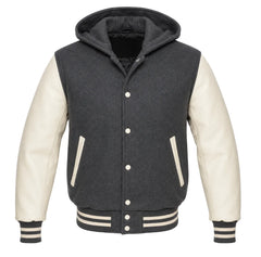 Charcoal Grey and Cream Letterman Jacket with Hood
