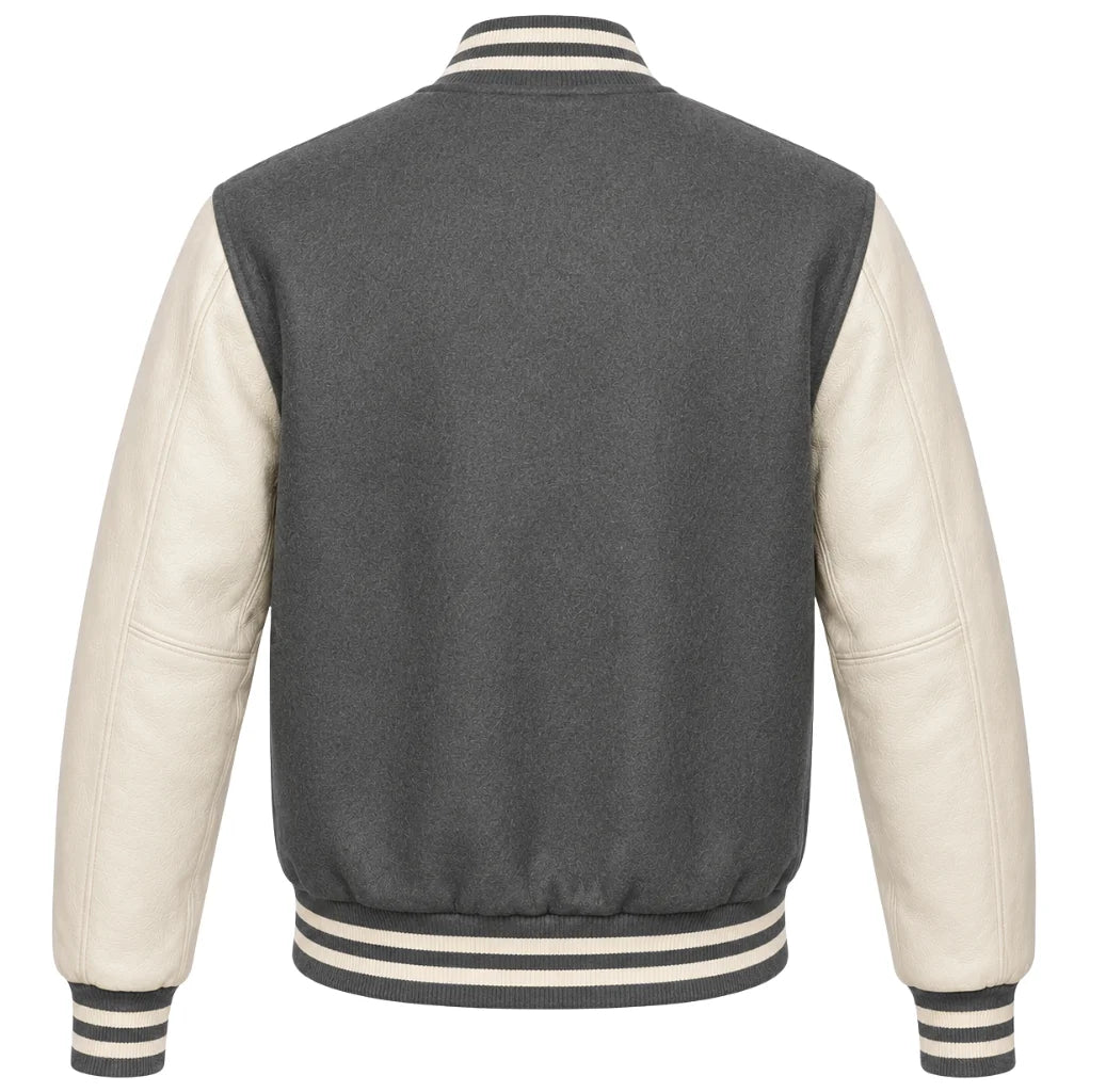 Charcoal grey wool varsity jacket with cream cowhide sleeves, back view