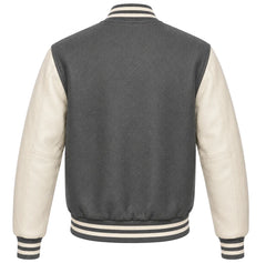 Charcoal grey wool varsity jacket with cream cowhide sleeves, back view