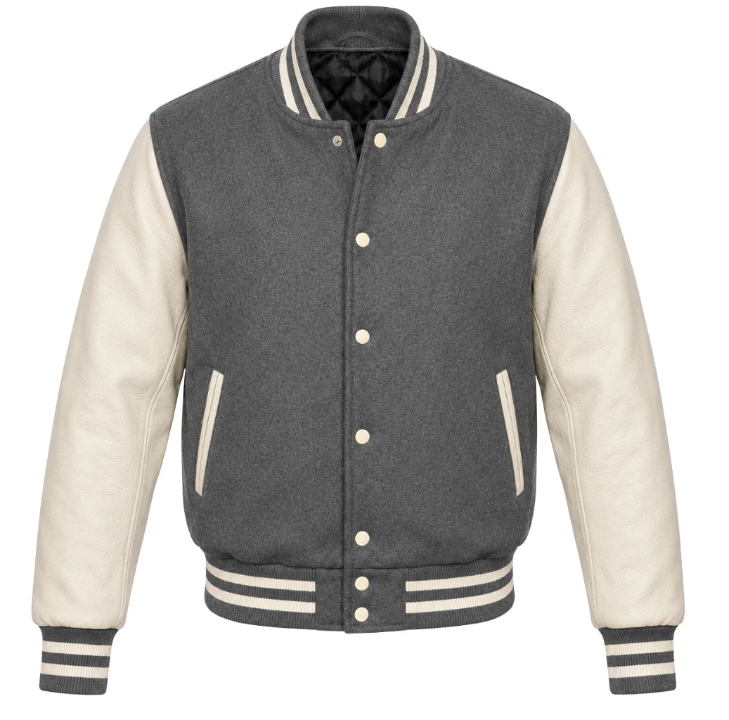 Charcoal grey melton wool varsity jacket with cream leather sleeves, front view