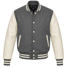 Charcoal grey melton wool varsity jacket with cream leather sleeves, front view