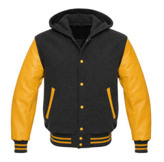 Charcoal Grey and Gold Hooded Letterman Jacket
