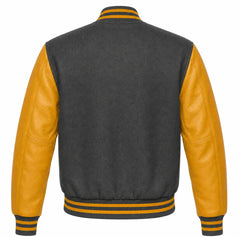 Charcoal grey wool varsity jacket with gold leather sleeves, back view