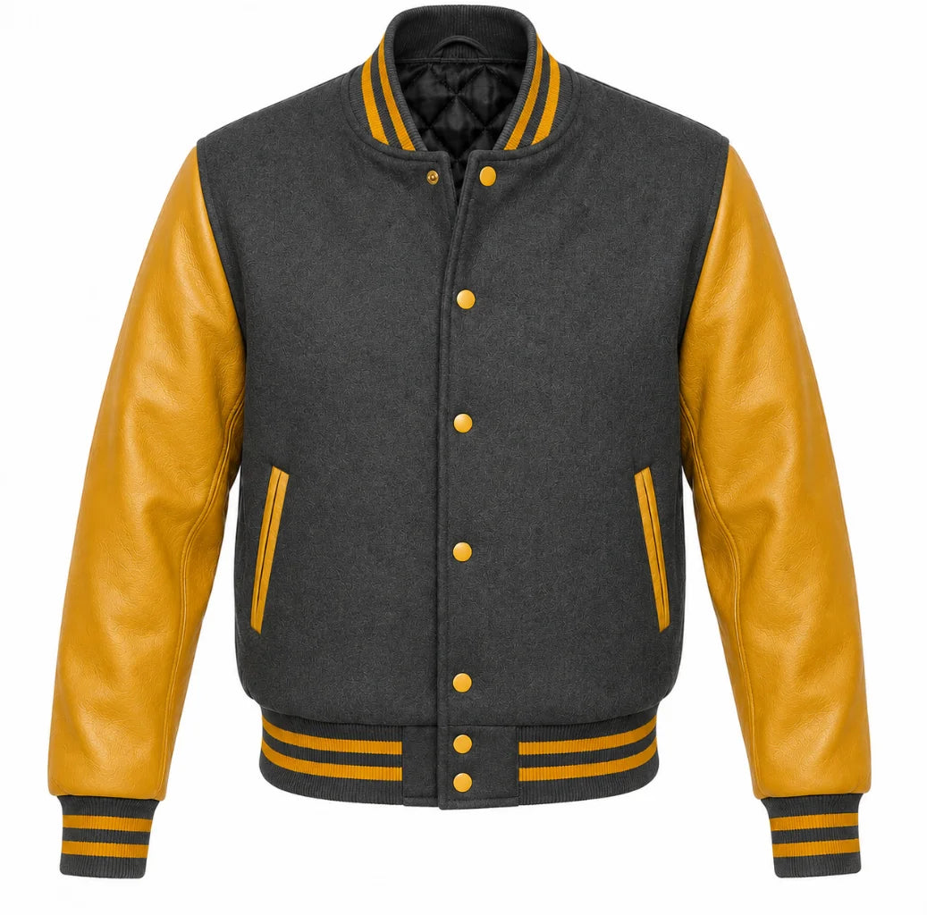 Charcoal grey melton wool varsity jacket with gold cowhide leather sleeves, front view