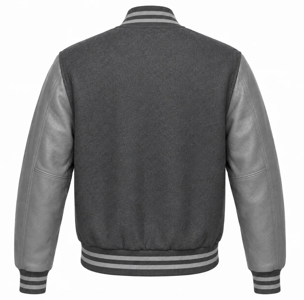 Charcoal grey wool varsity jacket, grey cowhide sleeves, back view