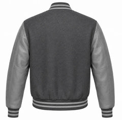 Charcoal grey wool varsity jacket, grey cowhide sleeves, back view
