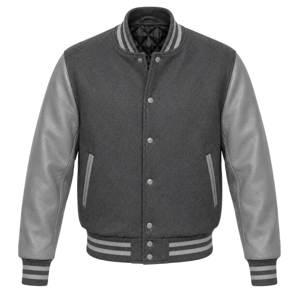 Charcoal grey melton wool varsity jacket with lighter grey leather sleeves, front view