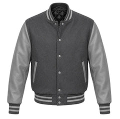 Charcoal grey melton wool varsity jacket with lighter grey leather sleeves, front view