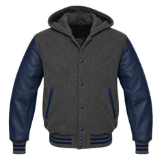 Charcoal Grey and Navy Blue Hooded Varsity Jacket