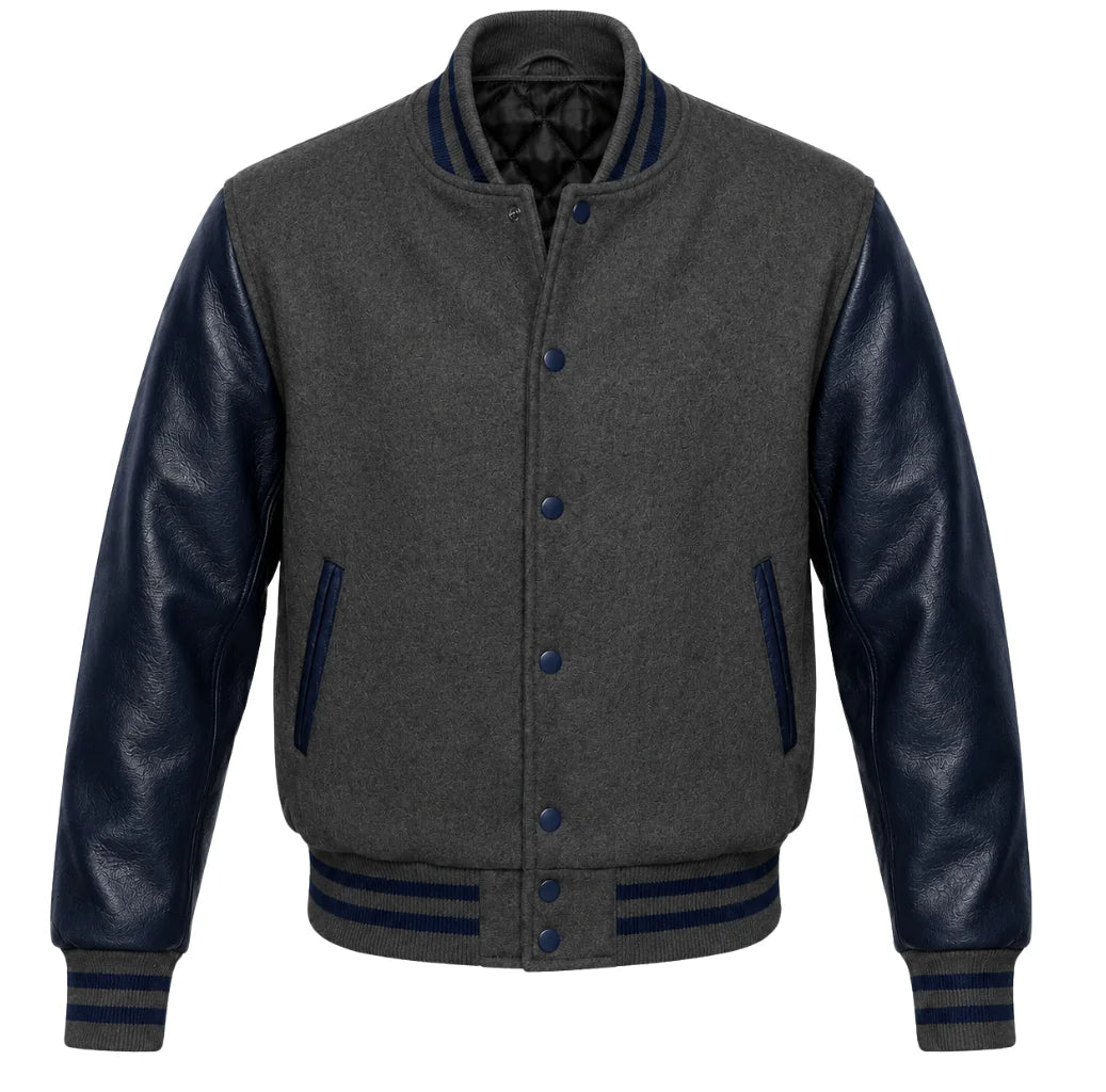Charcoal grey melton wool varsity jacket with navy blue leather sleeves, front view