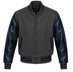 Charcoal grey melton wool varsity jacket with navy blue leather sleeves, front view