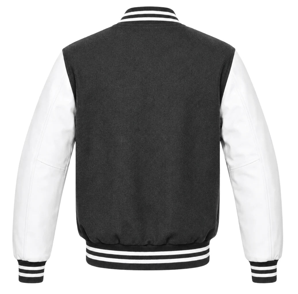 Charcoal grey wool varsity jacket with white leather sleeves, back view