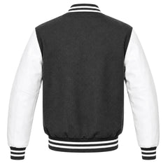 Charcoal grey wool varsity jacket with white leather sleeves, back view