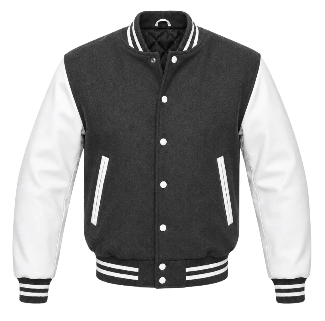 Charcoal grey melton wool varsity jacket with white leather sleeves, front view