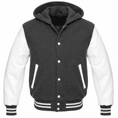 Charcoal Grey and White Varsity Jacket with Hood
