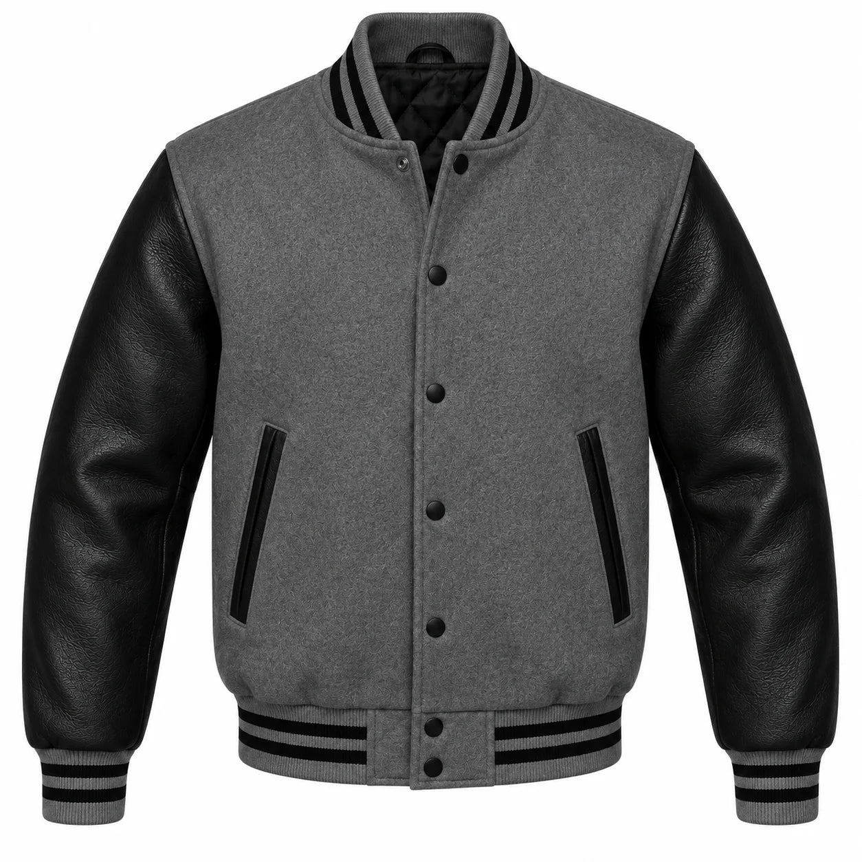 Charcoal Grey and Black Varsity Jacket with Wool Body and Leather Sleeves