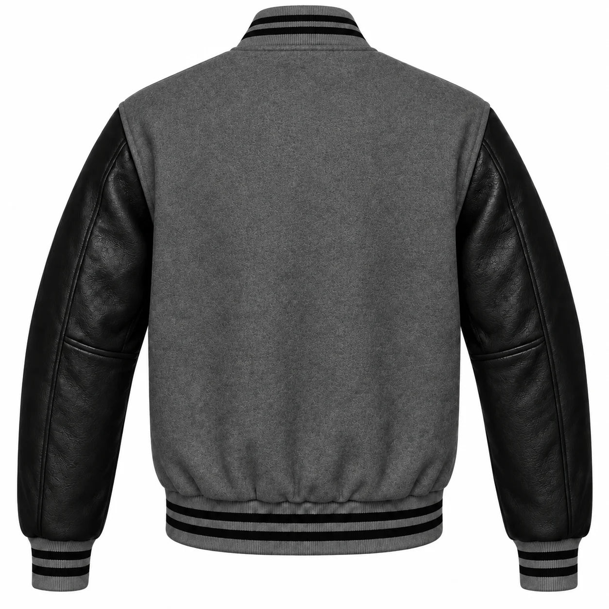 Charcoal Grey and Black Varsity Jacket with Wool Body and Leather Sleeves Back View