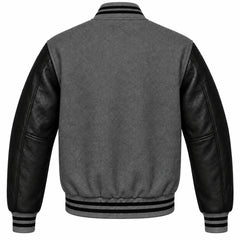 Charcoal Grey and Black Varsity Jacket with Wool Body and Leather Sleeves Back View
