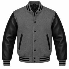 Charcoal Grey and Black Varsity Jacket with Wool Body and Leather Sleeves