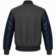 Charcoal grey wool varsity jacket with navy blue cowhide sleeves, back view