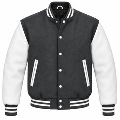 Charcoal Grey and White Wool Varsity Jacket