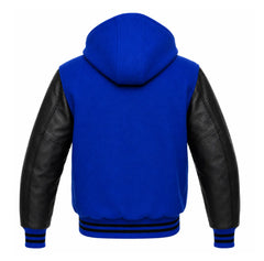 Cobalt Blue and Black Hooded Letterman Jacket