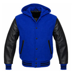 Cobalt Blue and Black Hooded Letterman Jacket