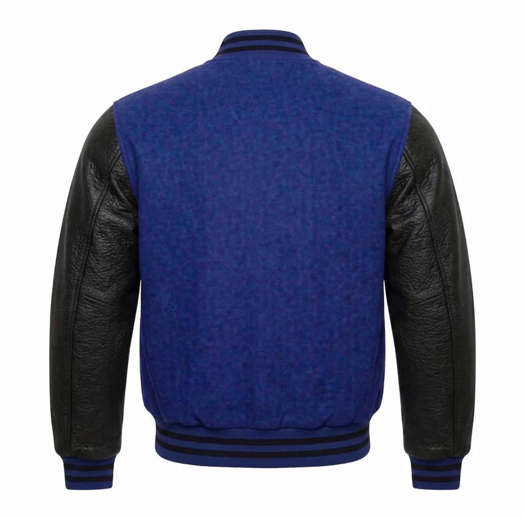 Cobalt Blue and Black Varsity Jacket with Wool Body and Leather Sleeves Back View