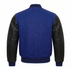 Cobalt Blue and Black Varsity Jacket with Wool Body and Leather Sleeves Back View