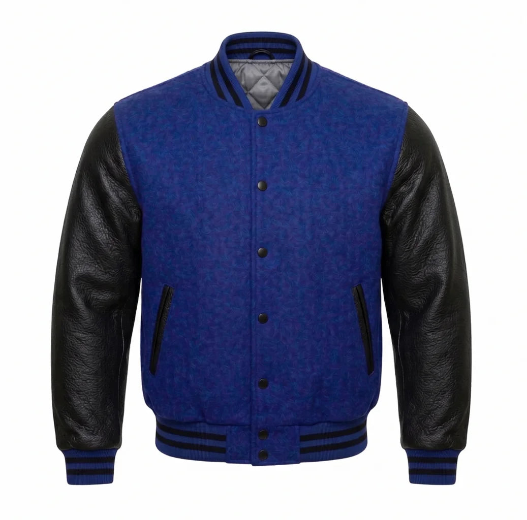 Cobalt Blue and Black Varsity Jacket with Wool Body and Leather Sleeves