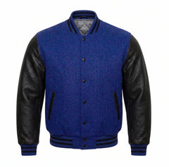 Cobalt Blue and Black Varsity Jacket with Wool Body and Leather Sleeves