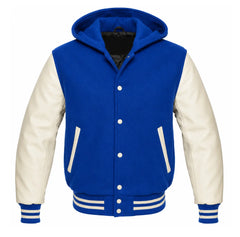 Cobalt Blue and Cream Hooded Varsity Jacket
