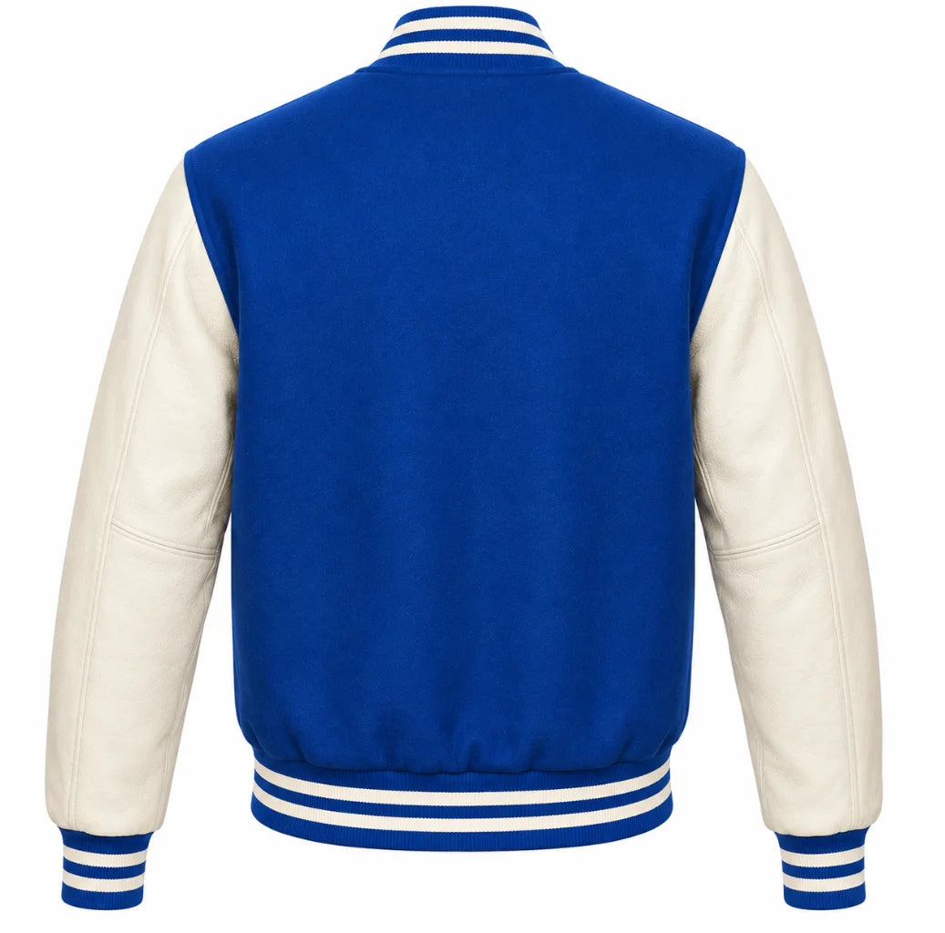 Cobalt blue wool varsity jacket with cream cowhide sleeves, back view