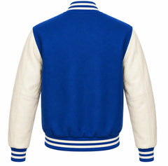 Cobalt blue wool varsity jacket with cream cowhide sleeves, back view