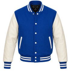 Cobalt blue melton wool varsity jacket with cream leather sleeves, front view